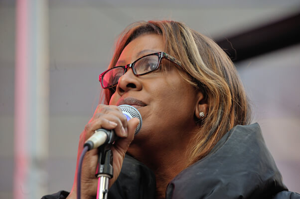 Public Advocate-elect Letitia James, currently a Brooklyn city councilmember, address the Times Square rally. | DONNA ACETO