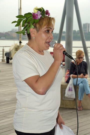 Cecilia Gentili speaks at the 25th anniversary memorial for Marsha P. Johnson at the Christopher Street Pier in 2017.