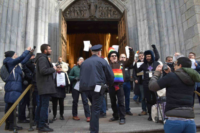 Members of ACT UP protest at St. Patrick's Cathedral in 2019 to mark the 30th anniversary of the Stop the Church demonstration.