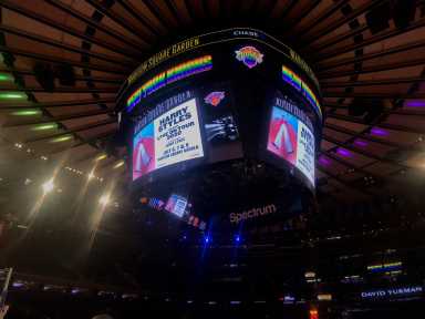 The Madison Square Garden jumbotron lit up in rainbow colors during Knicks' Pride Night in 2020.