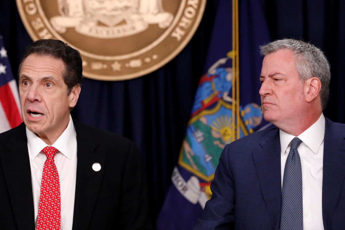 New York Governor Andrew Cuomo and New York City Mayor Bill de Blasio deliver remarks at a news conference regarding the first confirmed case of coronavirus in New York State in Manhattan borough of New York City, New York