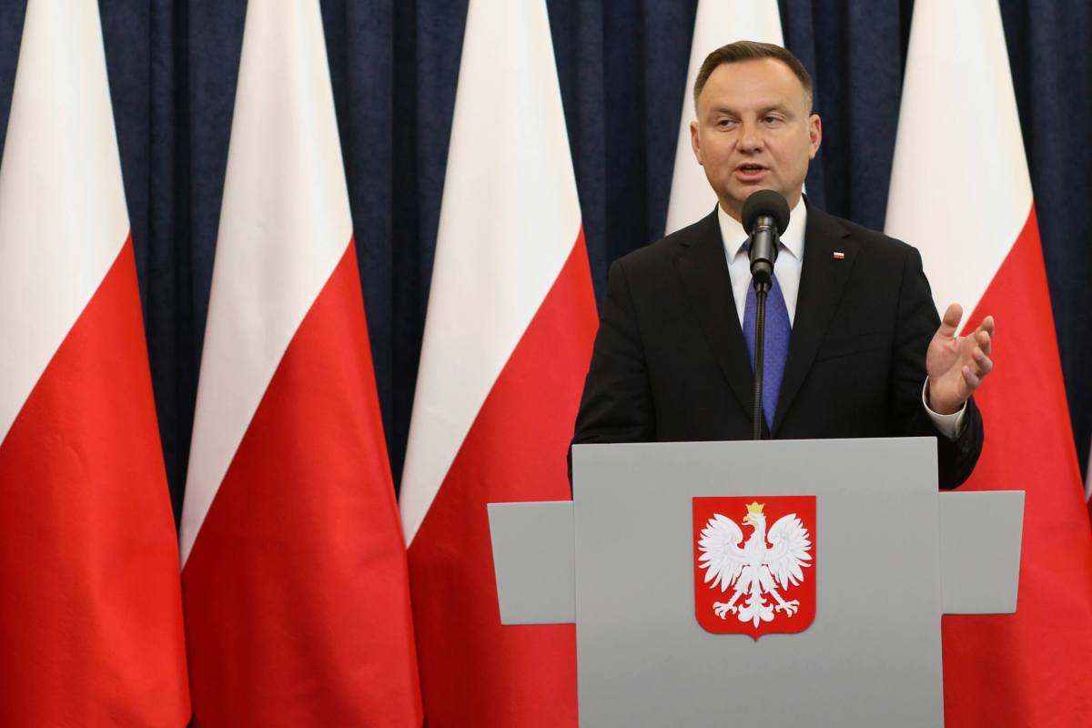 Polish President Andrzej Duda during a press conference at the Presidential Palace in Warsaw