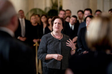 Associate Justice Elena Kagan speaks at a private ceremony in the Great Hall of the Supreme Court in Washington