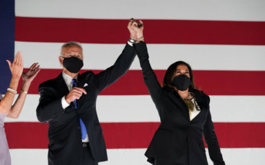 Democratic presidential candidate Joe Biden and Kamala Harris celebrate in Wilmington, Delaware