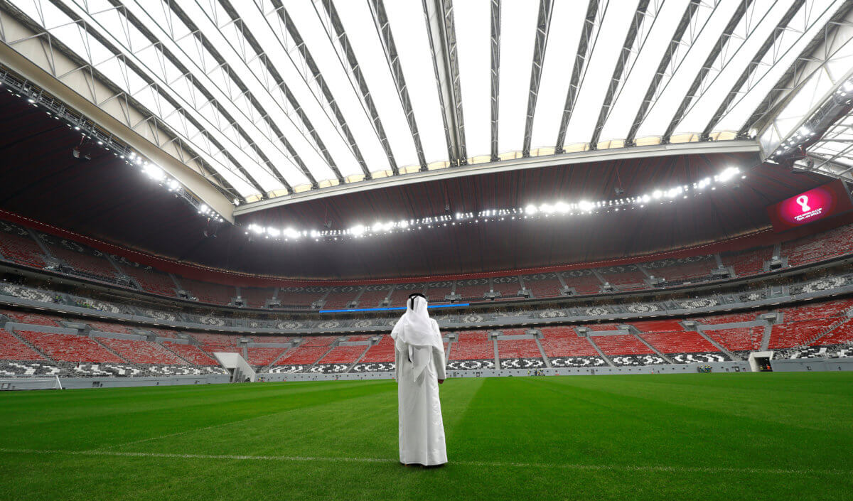 A general view shows the Al Bayt stadium, built for the upcoming 2022 FIFA World Cup soccer championship, during a stadium tour in Al Khor