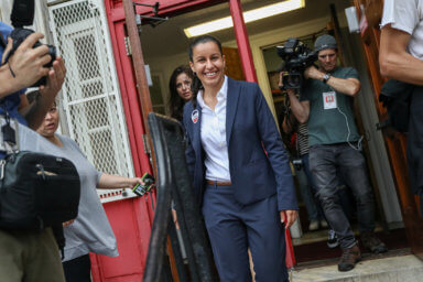 Queens D.A. candidate Tiffany Caban leaves after voting in the Queens borough of New York City