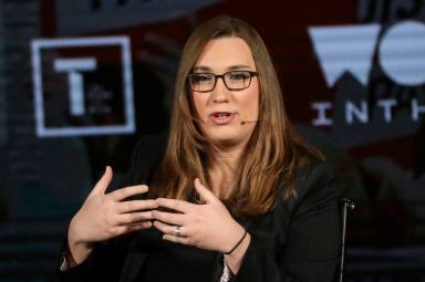 Transgender rights activist Sarah McBride speaks on stage at the Women In The World Summit in New York