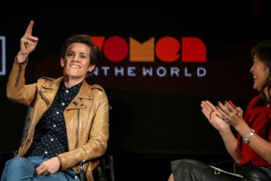Cameron Esposito, comedian and Co-Creator of Take My Wife, speaks on stage at the Women In The World Summit in New York