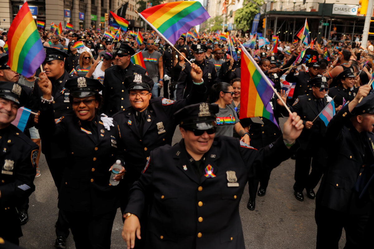 New York City Police Officers participate in the 2019 World Pride NYC and Stonewall 50th LGBTQ Pride Parade in New York