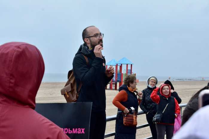 Lyosha Gorshkov delivers remarks at Brighton Beach Pride in 2021.