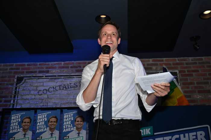 Erik Bottcher at his 2021 election night party at The Chelsea Bell at 316 Eighth Avenue.