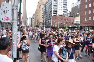 Marchers head down Seventh Avenue at the Reclaim Pride Coalition's 2021 Queer Liberation March.
