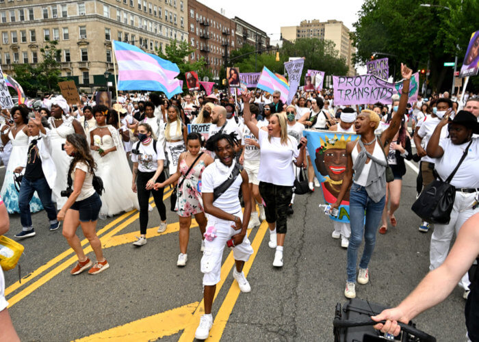 Marchers participate in the Brooklyn Liberation Rally and March in 2021.