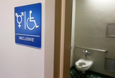 A gender neutral bathroom is seen at the University of California, Irvine
