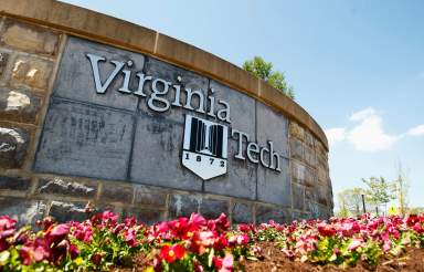 A Virginia Tech sign is seen on the campus of Virginia Tech in Blacksburg