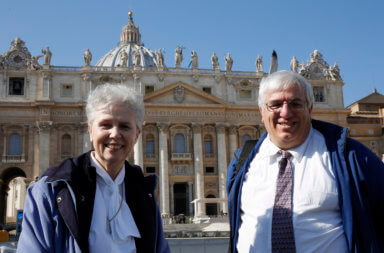 Gramick and Francis DeBernardo pose in front of St. Peter’s Square