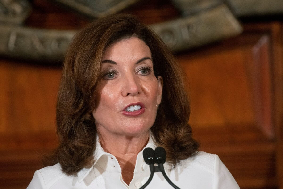 New York Governor Kathy Hochul speaks to the media after a swearing-in ceremony at the New York State Capitol, in Albany, New York