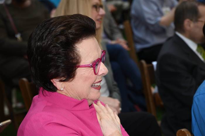 Billie Jean King flashes a smile during a 2021 groundbreaking ceremony for the forthcoming American LGBTQ+ Museum in New York City.