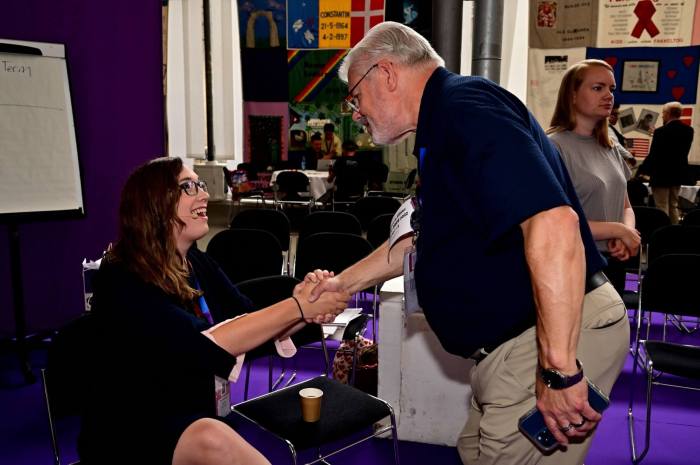 Delaware State Senator Sarah McBride greets former New York State Senator Thomas Duane at WorldPride in 2021.