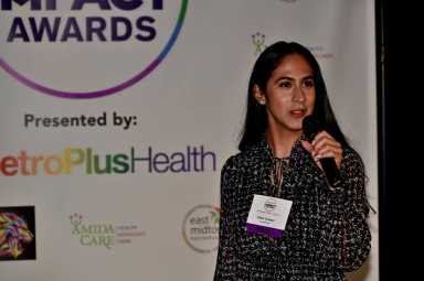 Elisa Crespo speaks during the 2021 Gay City News Impact Awards.