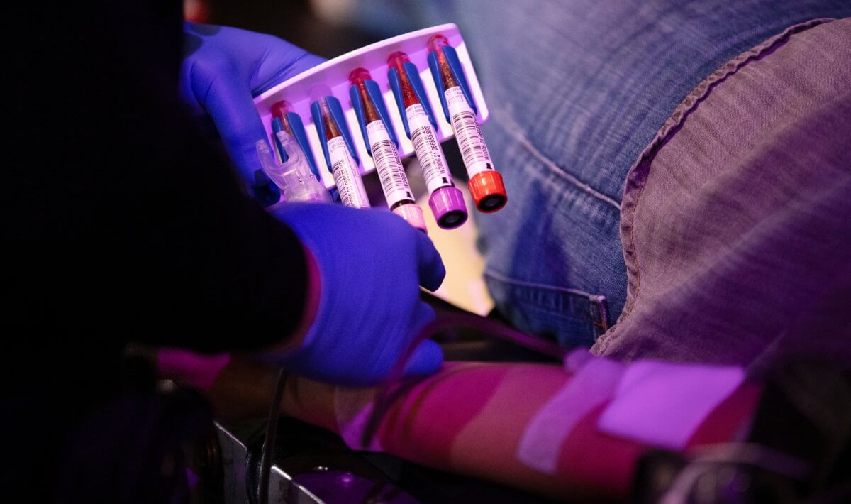 A person donates blood at a Red Cross blood drive at The Magic Castle during the outbreak of the coronavirus disease (COVID-19), in Los Angeles
