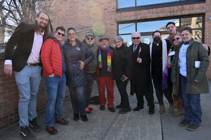 Advocates and members of the Pride Center of Staten Island stand together in 2022 after applying unsuccessfully to march in the borough's St. Patrick's Day Parade.