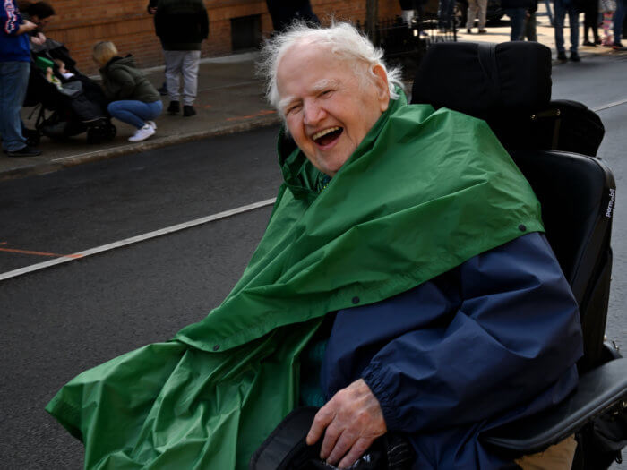 Malachy McCourt flashes a smile during the 2022 St. Pat's for All parade.