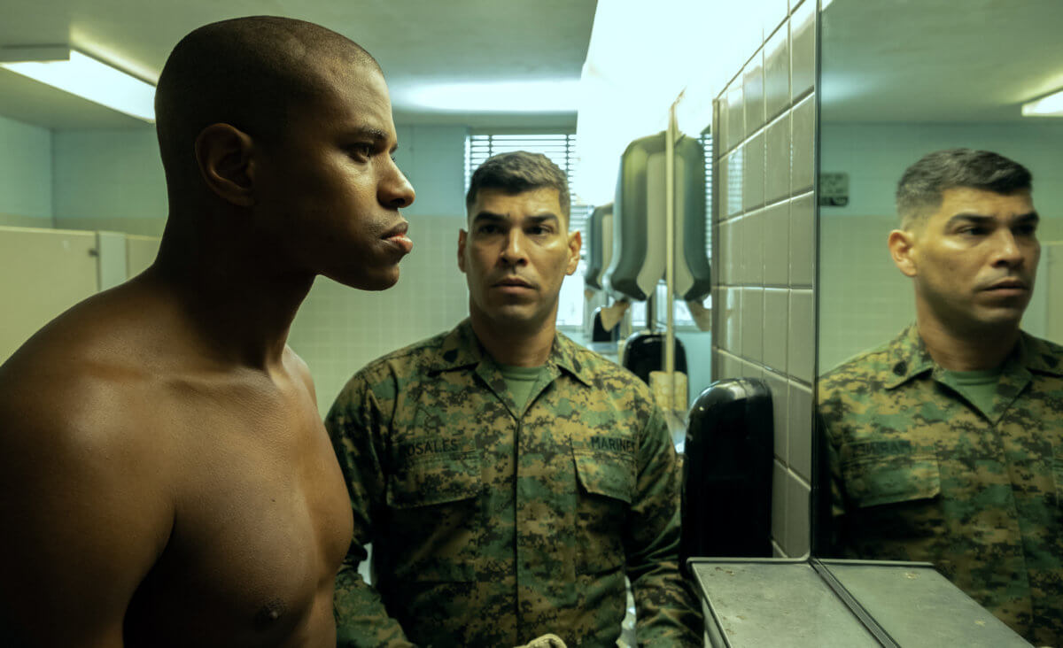Jeremy Pope (left) with Raúl Castillo in "The Inspection."