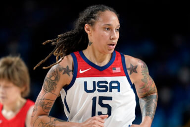 Brittney Griner (15) runs up court during women's basketball gold medal game against Japan at the 2020 Summer Olympics on Aug. 8, 2021, in Saitama, Japan.
