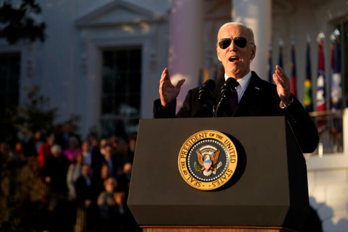 President Joe Biden speaks during a bill signing ceremony for the Respect for Marriage Act.