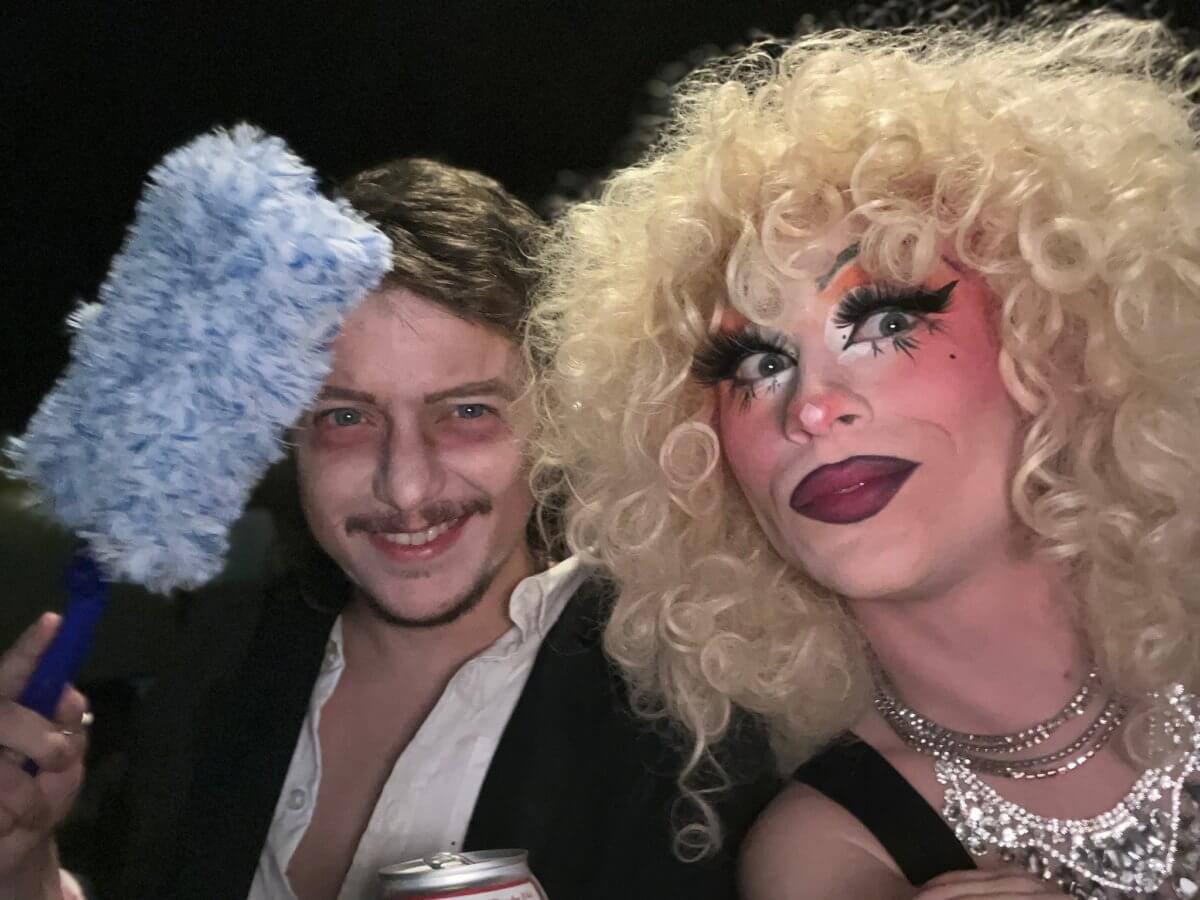 Daniel Aston, left, and Wyatt Kent as drag queen Potted Plant, right.