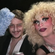 Daniel Aston, left, and Wyatt Kent as drag queen Potted Plant, right.