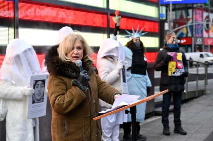 Carolyn Maloney at a Times Square demonstration on Martin Luther King Day in January.