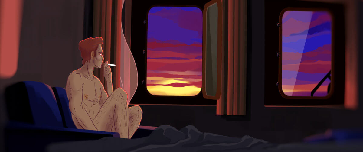 A person smokes while looking out the window during a scene in the animated film “Christopher at Sea."