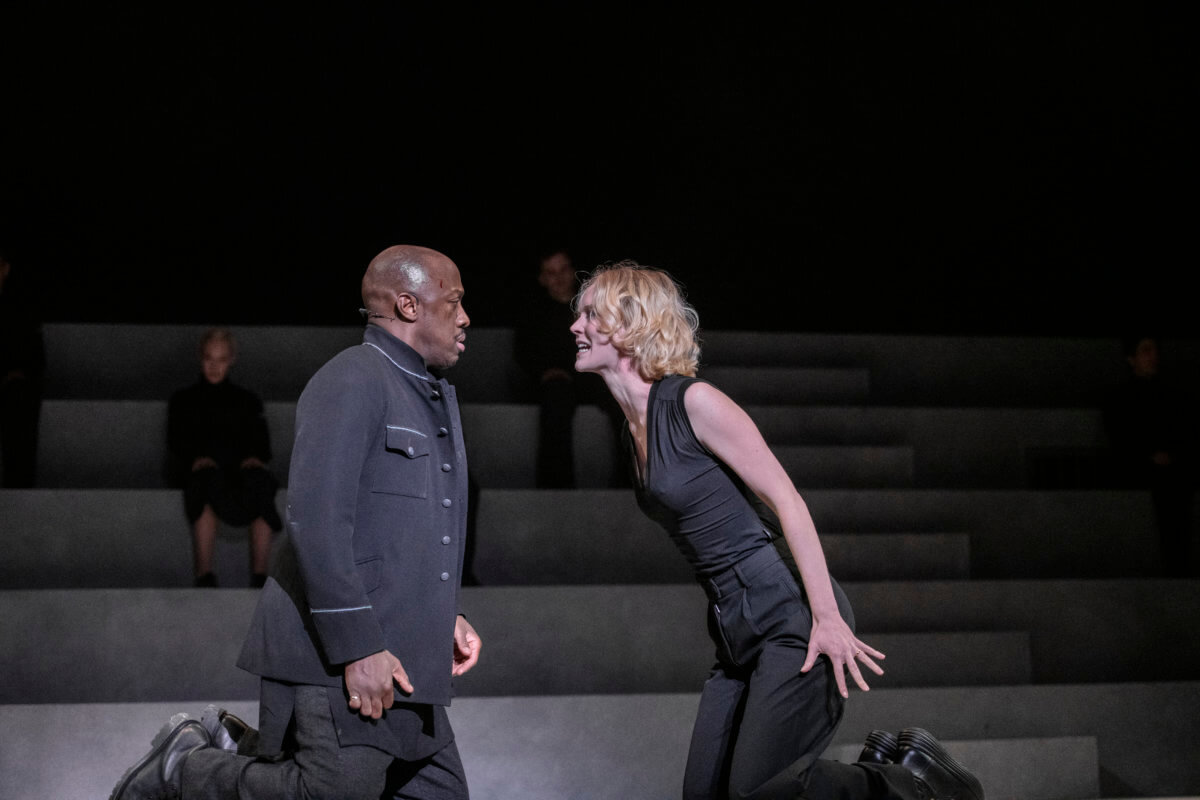 Giles Terera (Othello) and Rosy McEwen (Desdemona) in Othello at the National Theatre. Image credit- Myah Jeffers__127