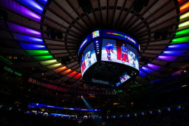 Rainbow lights surround the video board during the Rangers' Pride Night matchup at Madison Square Garden