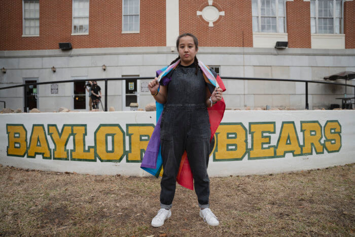 Veronica Bonifacio Penales stands in front of a concrete Baylor Bears sign.