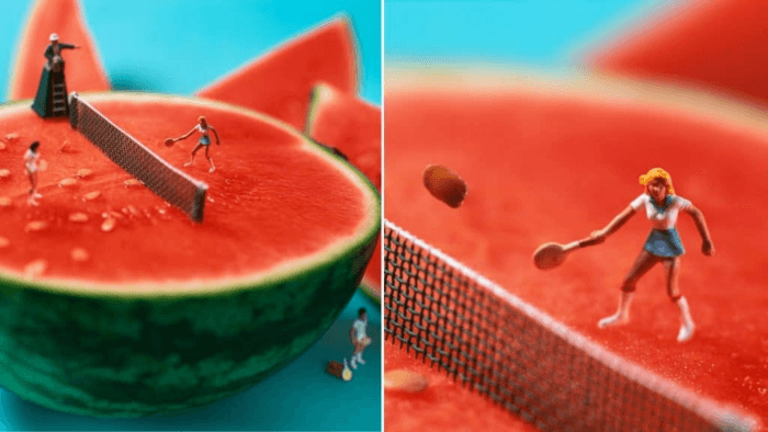 Miniature art display featuring a watermelon as a surface.