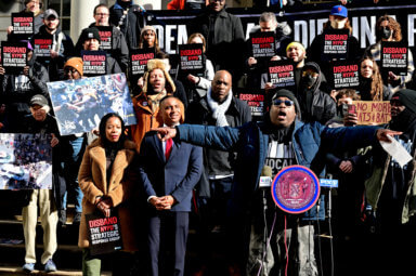 The Reclaim Pride Coalition joins with the New York Civil Liberties Union and Vocal New York in a rally ahead of a City Council hearing on March 1.