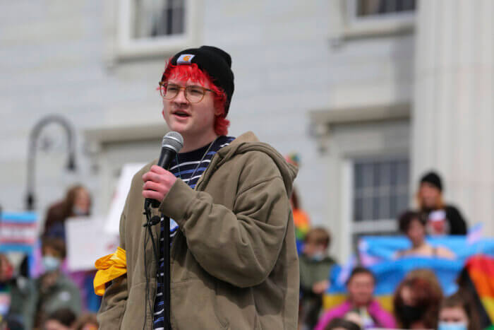 Charlie Draughn, of Chisago, Minnesota, speaks at the Vermont Statehouse in Montpelier, on Friday March 31, 2023. Draugh, who attends boarding school in Vermont, said he was angry that groups are trying to control his life and turn him into something he is not.