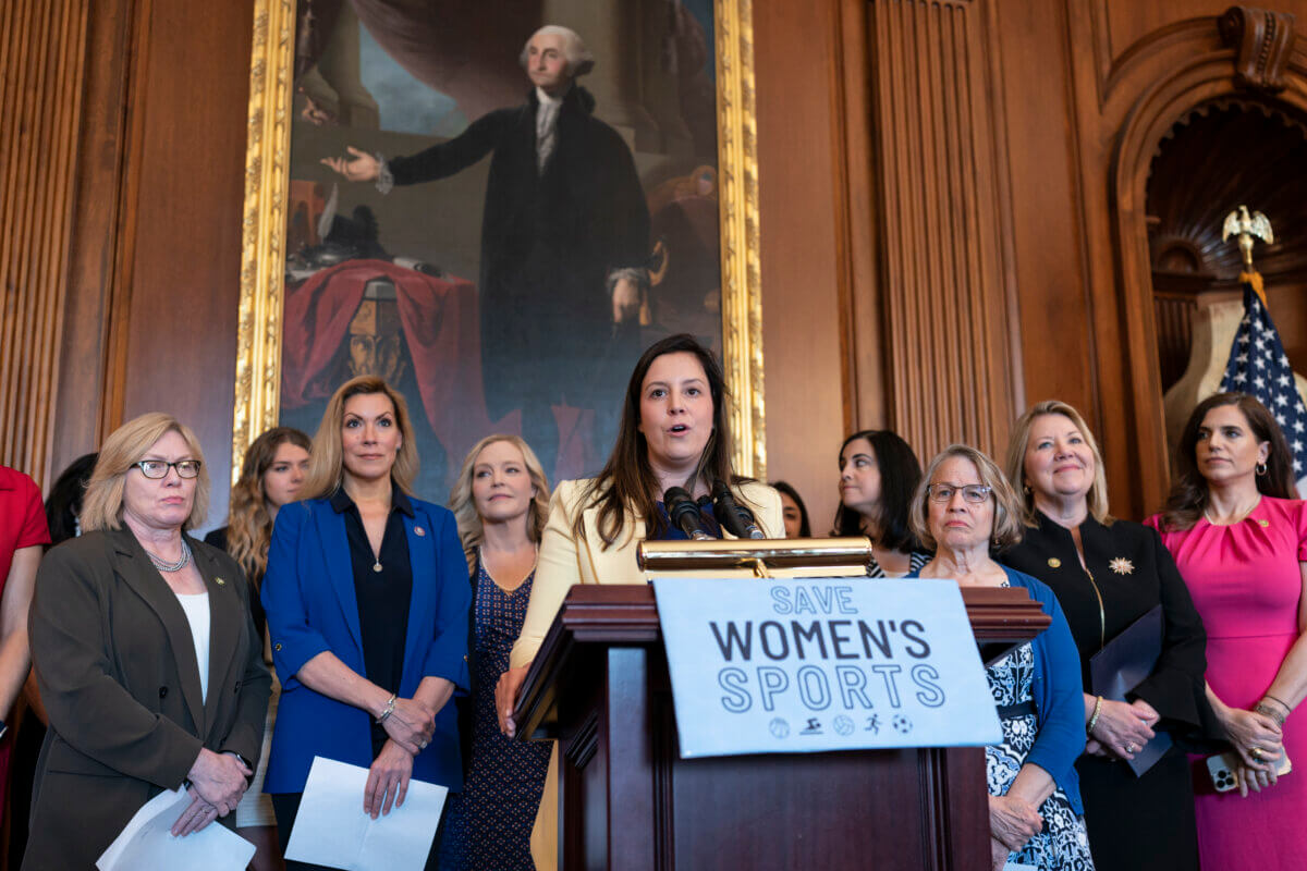 House Republican Conference Chair Elise Stefanik, R-N.Y., speaks as women in the GOP hold an event before the vote to prohibit transgender women and girls from playing on sports teams, at the Capitol in Washington, Thursday, April 20, 2023.