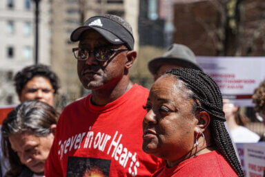 Kawaski Trawick's parents, Rickie and Ellen Trawick, at NYPD headquarters on April 12.