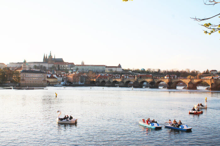 A view of Prague Castle and the Vltava River from Old Town in Prague.