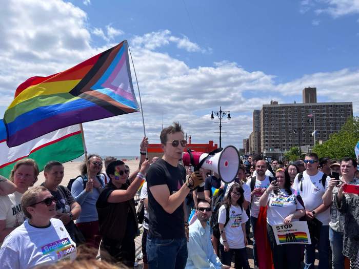 Masha Gessen delivers a speech during the rally after the march at Brighton Beach Pride in 2023.