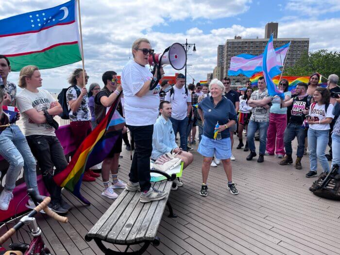 Yelena Goltsman, co-founder of Brighton Beach Pride, addresses the crowd.