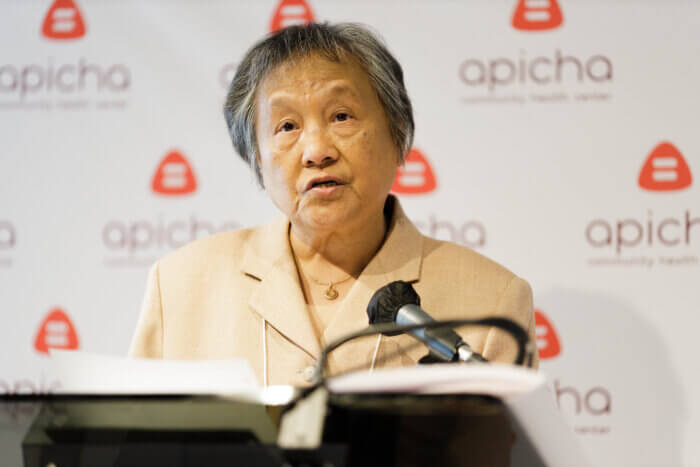 APICHA CEO Therese Rodriguez speaks at a news conference hosted by Apicha Community Health Center in Jackson Heights on Wednesday, May 31, 2023.