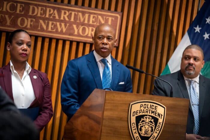 NYPD Commissioner Keechant Sewell, Mayor Eric Adams, and Manhattan District Attorney Alvin Bragg in April.