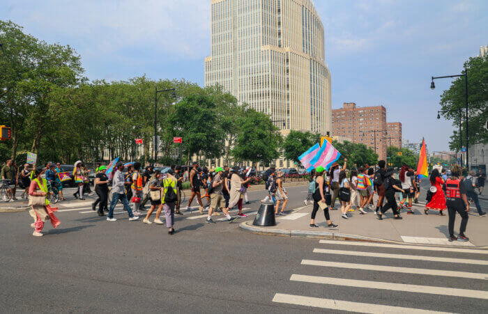 Crossing the street with Transgender Flags, Rainbow Flags, and signs in tow.