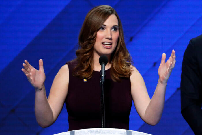 Sarah McBride speaks during the final day of the Democratic National Convention in Philadelphia , Thursday, July 28, 2016.