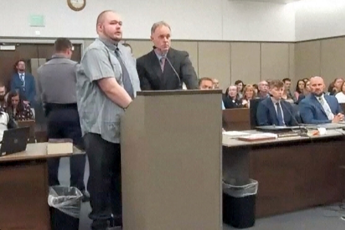 In this image taken from video provided by the Colorado Judicial Branch, Anderson Lee Aldrich, left, the suspect in a mass shooting that killed five people at a Colorado Springs LGBTQ+ nightclub last year, appears in court Monday, June 26, 2023, in Colorado Springs, Colo.
